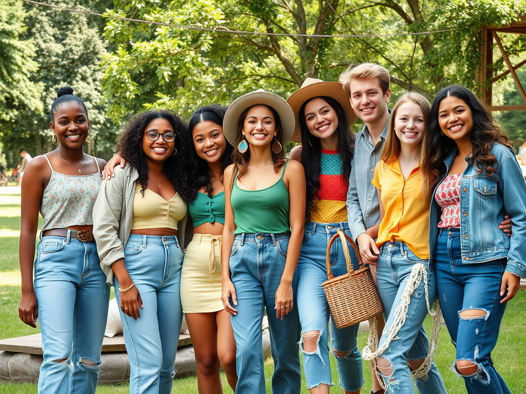 A diverse group of eight young adults smiling together outdoors, wearing casual summer outfits and standing in a park.