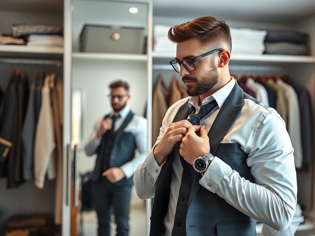 A young man in a suit adjusts his tie while standing in front of a mirror surrounded by neatly arranged clothes.