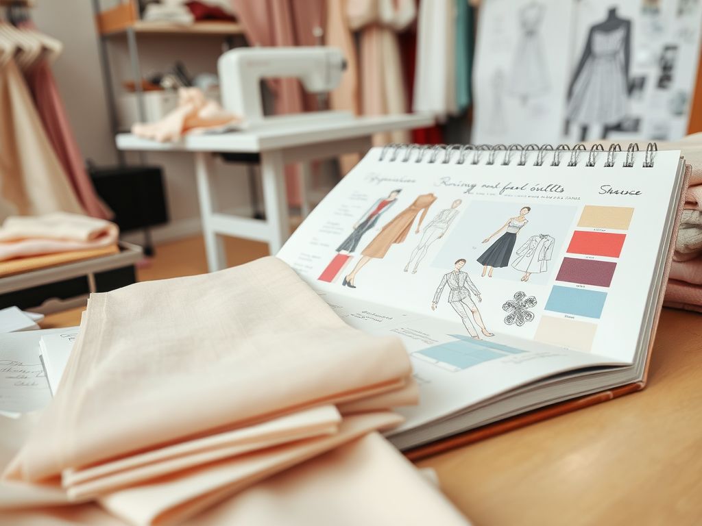 A sketchbook open with fashion designs and color palettes, surrounded by fabric swatches in a bright workspace.