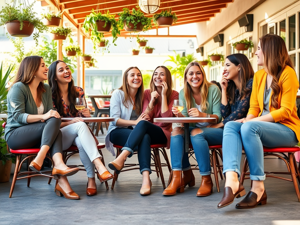 A joyful group of seven women laughing and enjoying drinks at a cafe with greenery around them, sharing a moment together.