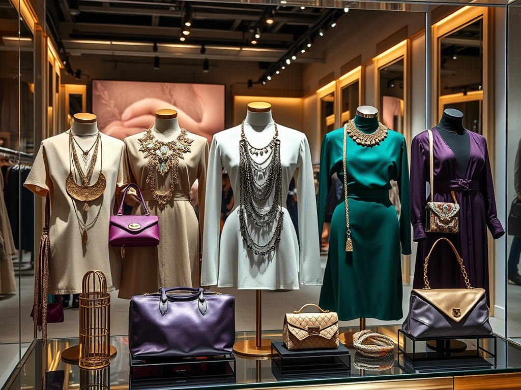 A stylish display of dresses and handbags in a chic boutique, featuring necklaces and elegant accessories.