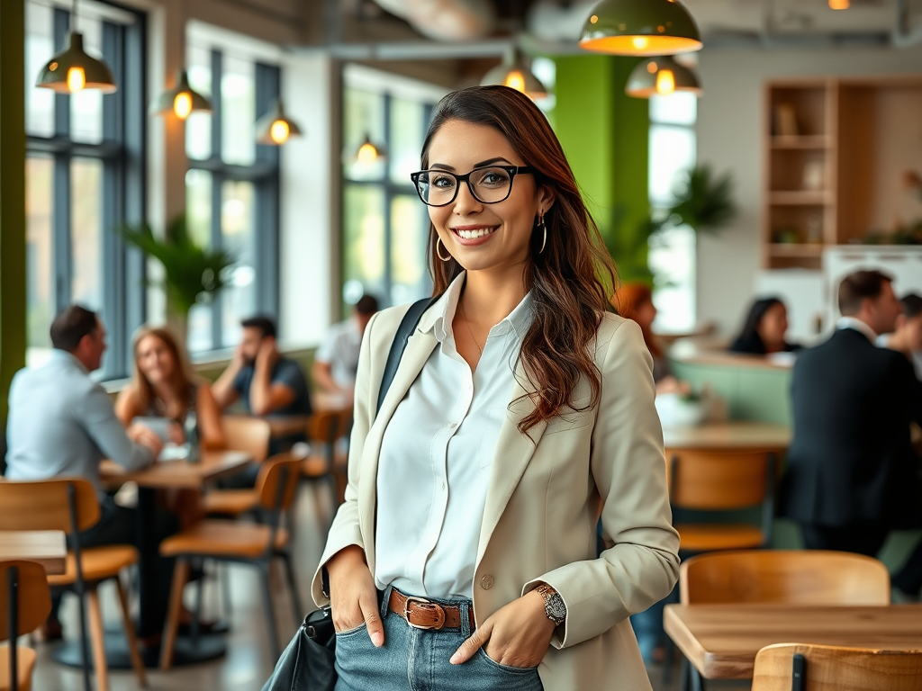 A woman in a blazer stands smiling in a cafe with a relaxed atmosphere and people chatting in the background.