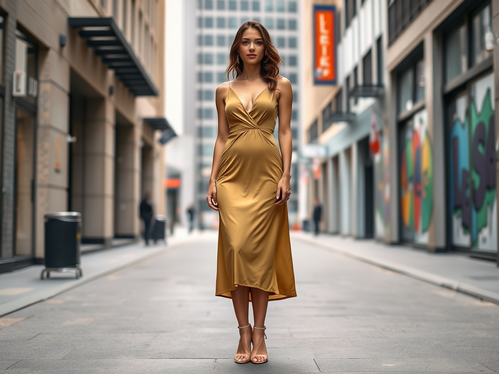 A woman in a gold dress stands confidently in a stylish urban alleyway surrounded by modern architecture.