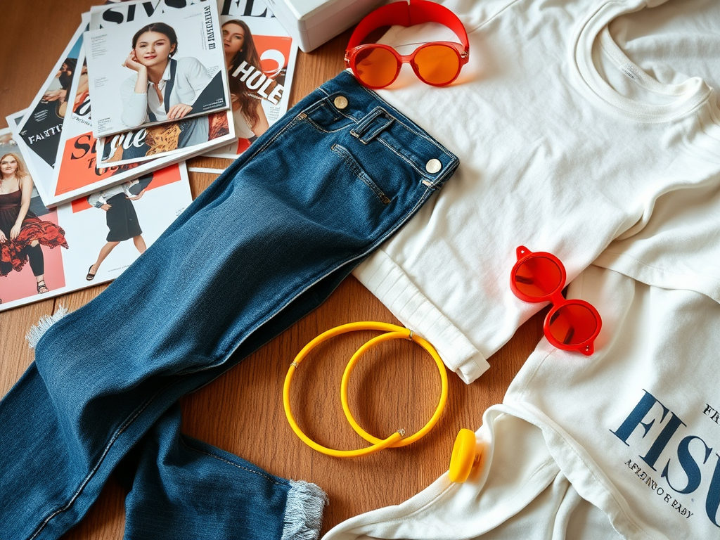 A flat lay of fashion items: blue jeans, white top, red and yellow sunglasses, and fashion magazines.