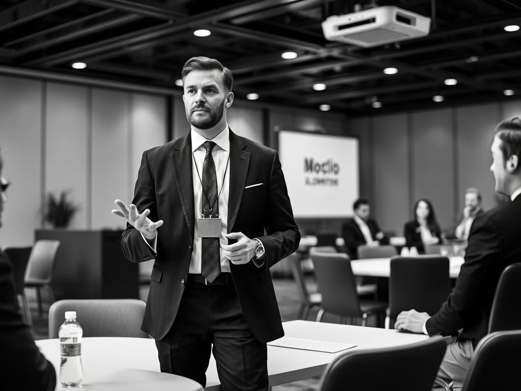 A man in a suit presents confidently in a business meeting, while others listen attentively.